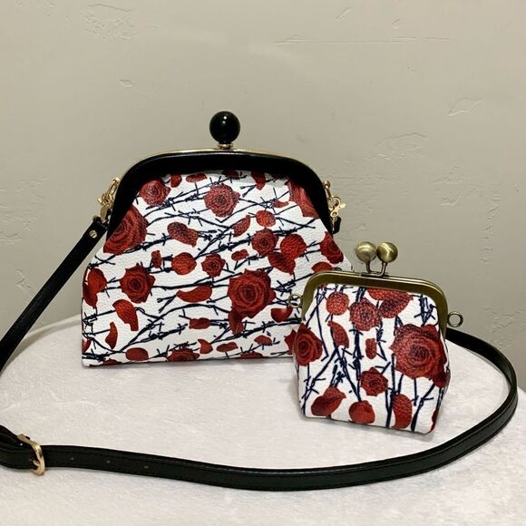 Handmade 2 Straps Genuine Leather Rose Print Push-lock Handbag & Small Purse Set - Picture 1 of 16